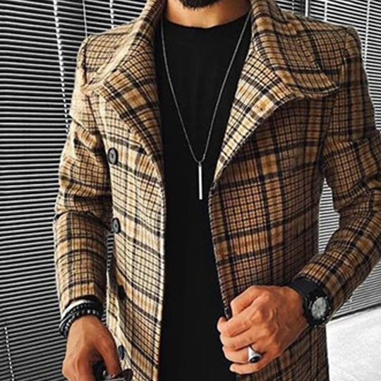 Men's Plaid Print Lapel Single Breasted Coat 9261104955576