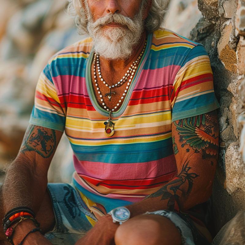 Men's Vintage Rainbow Stripe Print Crew Neck Short Sleeve T-Shirt 9261117702328