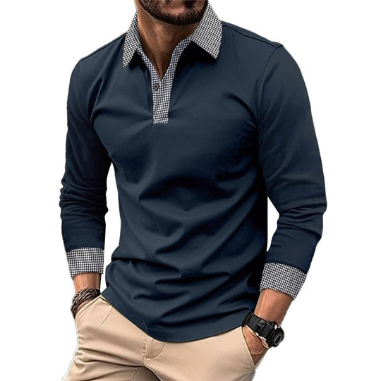 Men's Casual Plaid Patchwork Long-Sleeved Polo Shirt DTT25082009