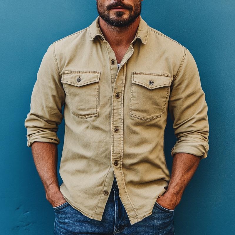 Men's Vintage Washed Denim Long Sleeve Shirt 9885839524024