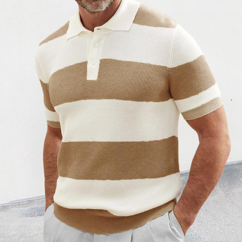 Men's Color Block Short Sleeve Lapel Knit Sweater 9262178238648