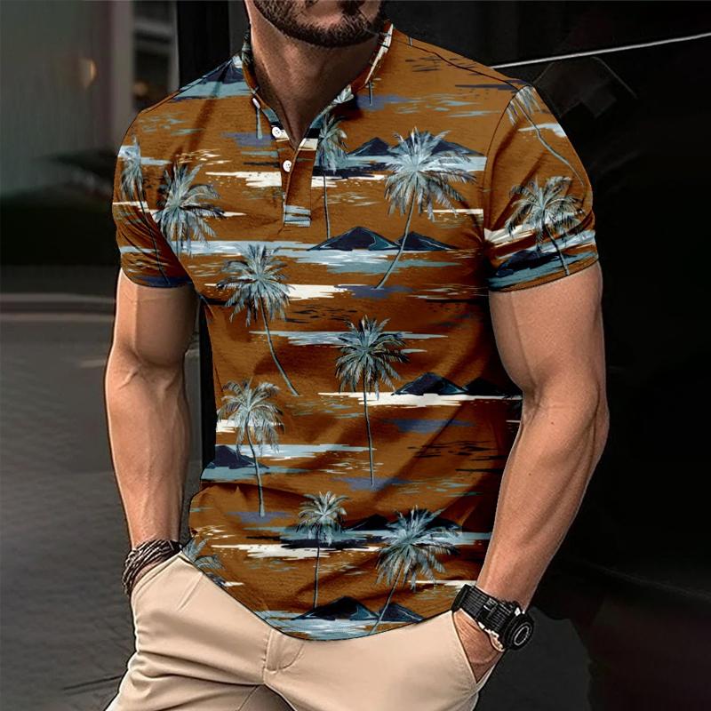 Men's Palm Hawaiian Print Button Down Short Sleeve T-Shirt 9261137068216