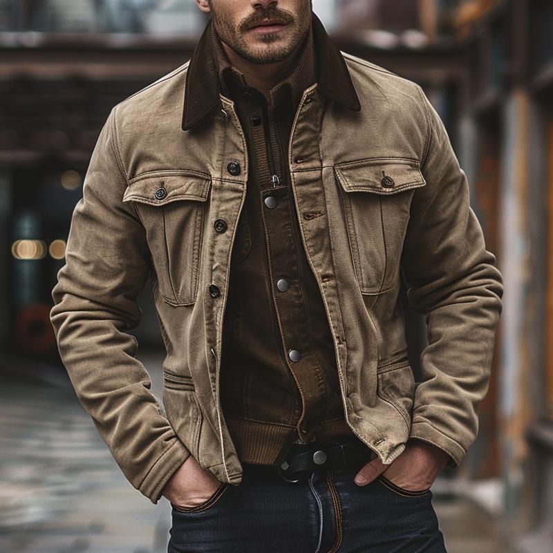 Men's Vintage Canvas Panel Lapel Jacket 9877642674360