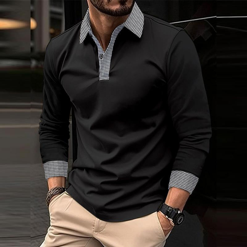 Men's Casual Plaid Patchwork Long-Sleeved Polo Shirt DTT25082009