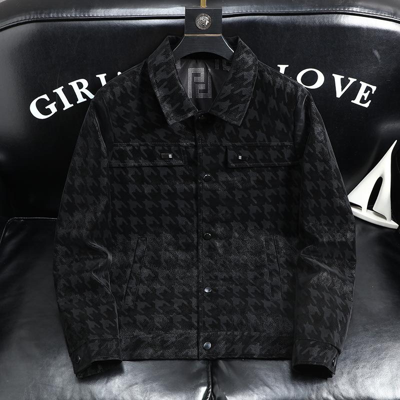 Men's Lapel Plaid Leather Jacket 9261096829112