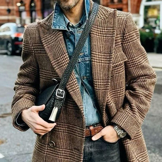 Men's Vintage Double Breasted Check Coat 9261106823352