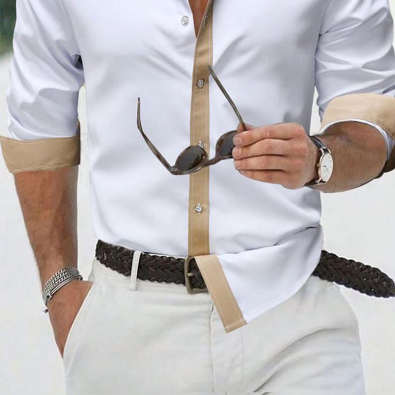 Men's Cotton Contrast Lapel Long Sleeve Shirt 9885320773816