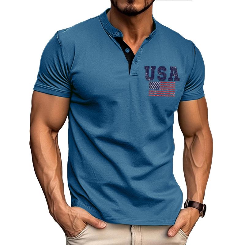 Men's American Flag Print Short Sleeve Button T-Shirt 9261126418616