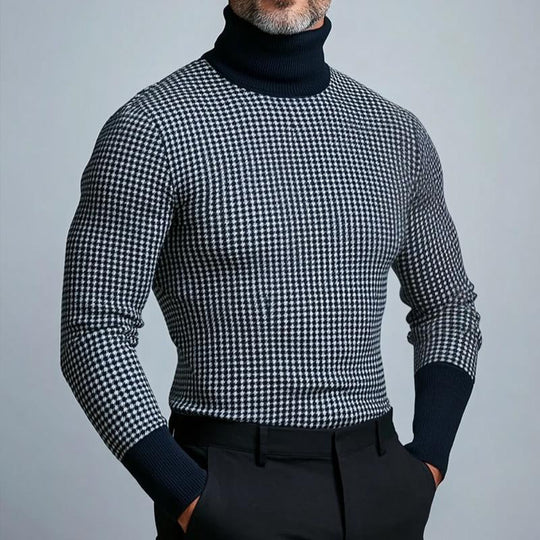 Men's Retro Casual Houndstooth Turtleneck Long Sleeve T-Shirt 9261141983416