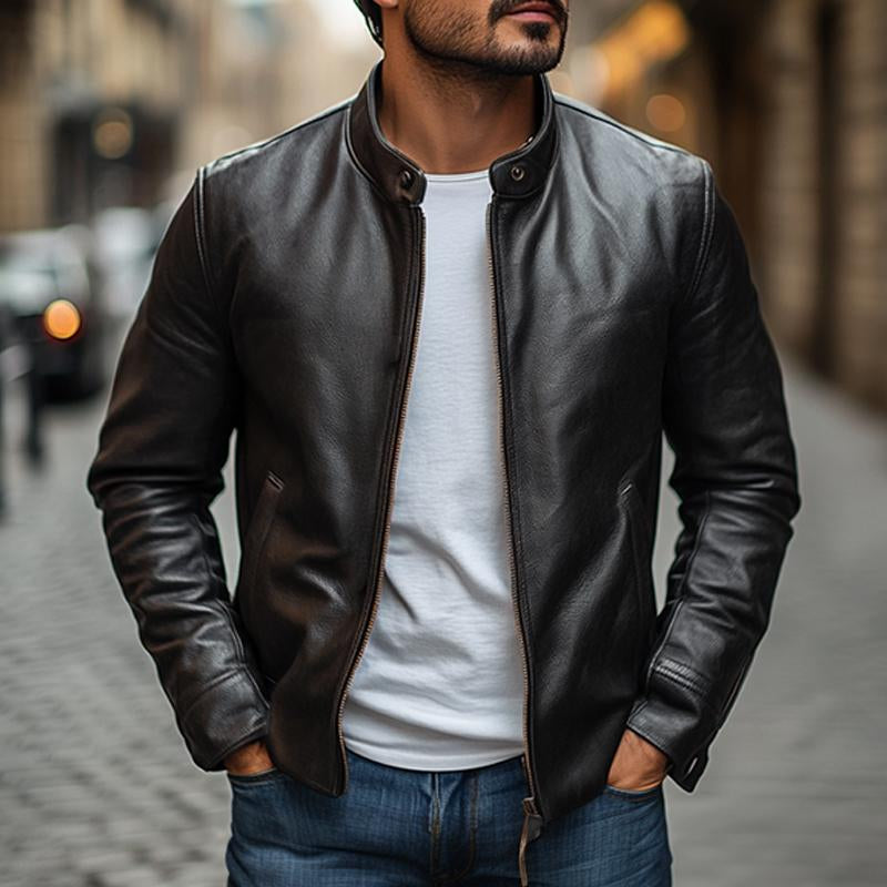 Men's Elegant Stand Collar Slim Zipper Leather Jacket 9261083361464