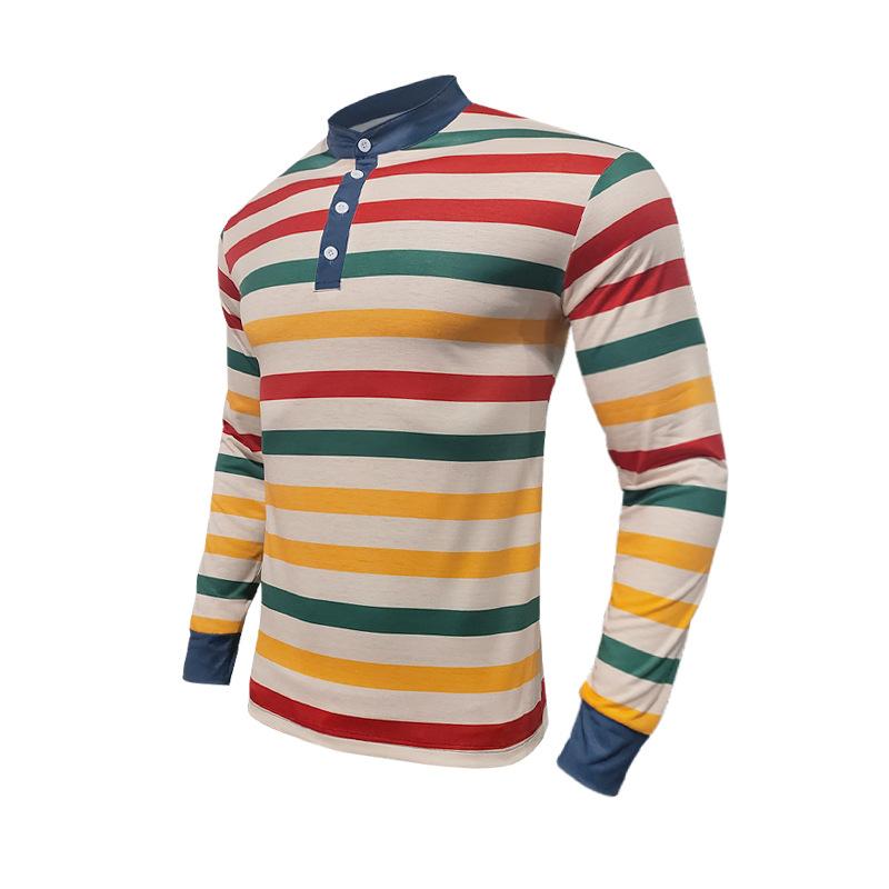 Men's Colorblock Striped Henley Collar Long Sleeve Casual T-shirt 9261135888568