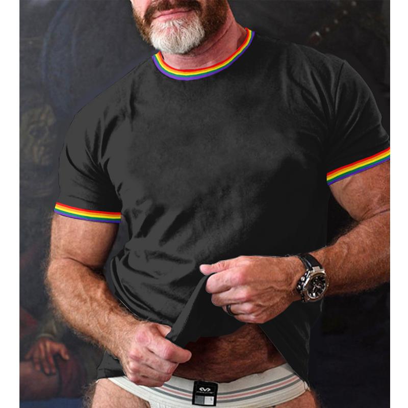 Men's Rainbow Stripe Patchwork Round Neck Short Sleeve T-Shirt 9261127073976