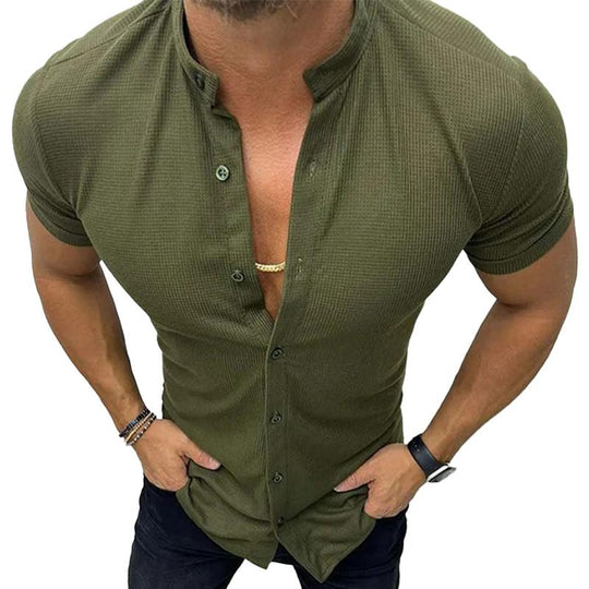 Men's Casual Solid Color Stand Collar Waffle Short Sleeve Shirt 9261780795576