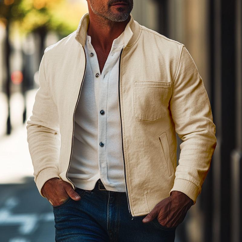 Men's Solid Color Cotton Lapel Zip Jacket 9879658594488