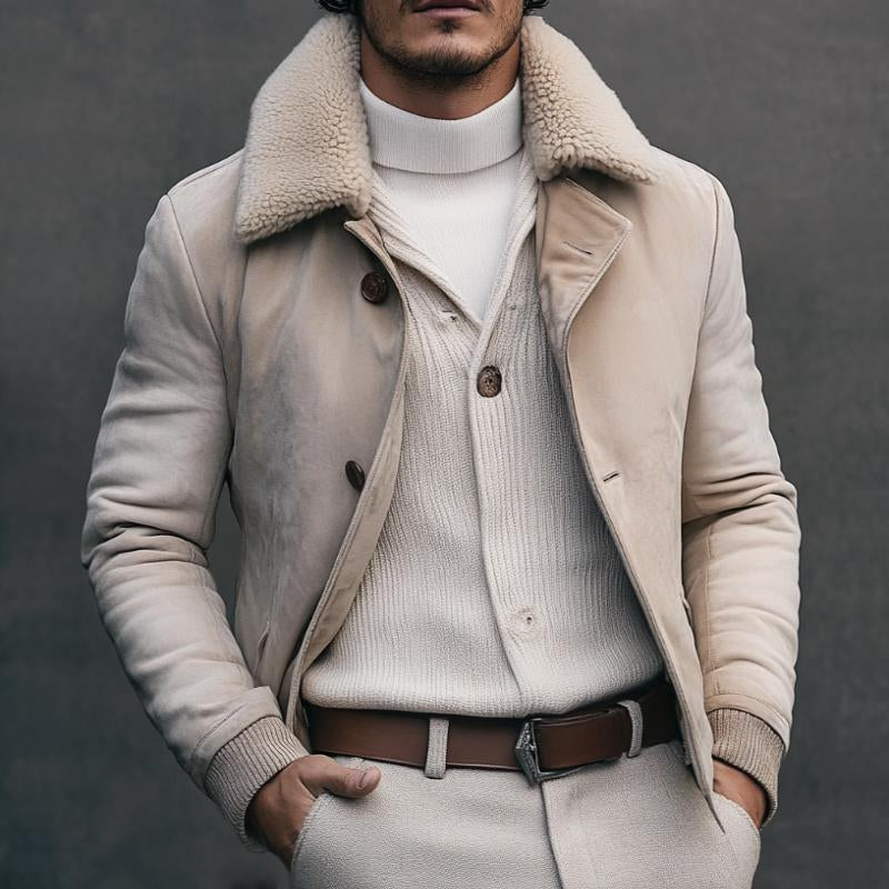 Men's Vintage Casual Suede Fur Collar Button Jacket 9261105905848
