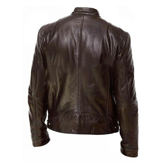 Men's Stand Collar Slim Fit Zip Pocket Leather Jacket 9261077856440