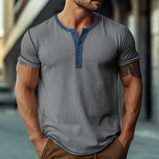 Men's Waffle Henley Collar Color Block Short Sleeves T-shirt 9261124223160