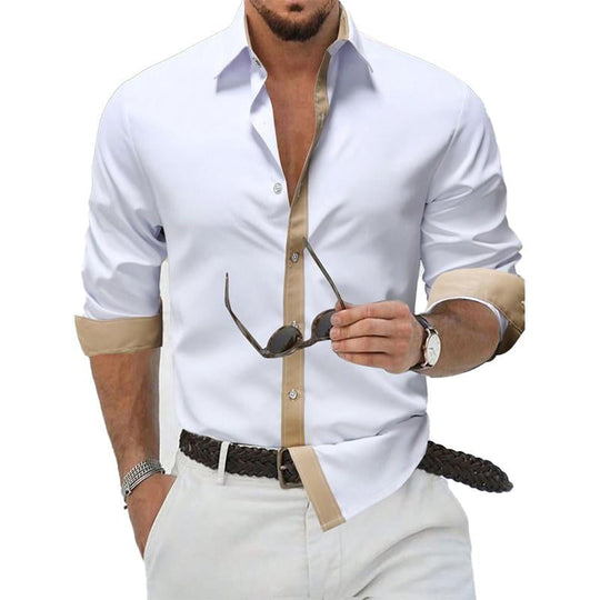 Men's Cotton Contrast Lapel Long Sleeve Shirt 9885320773816