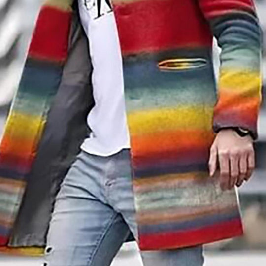 Men's Retro Rainbow Print Stand Collar Mid-Length Coat 9261106233528