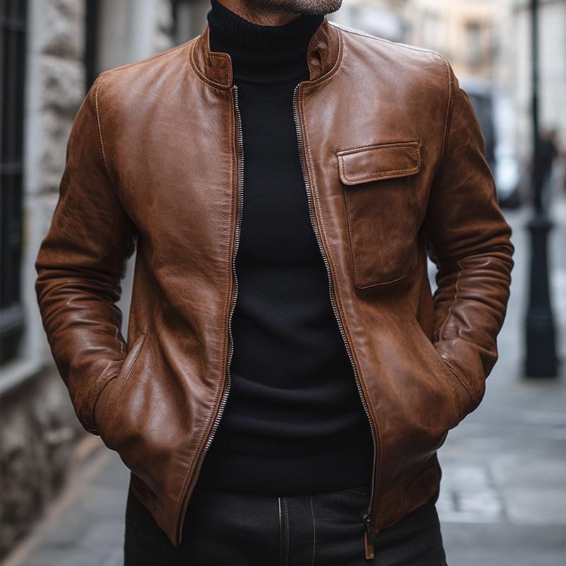 Men's Vintage Casual Lapel Pocket Zipper Leather Jacket 9877216690360