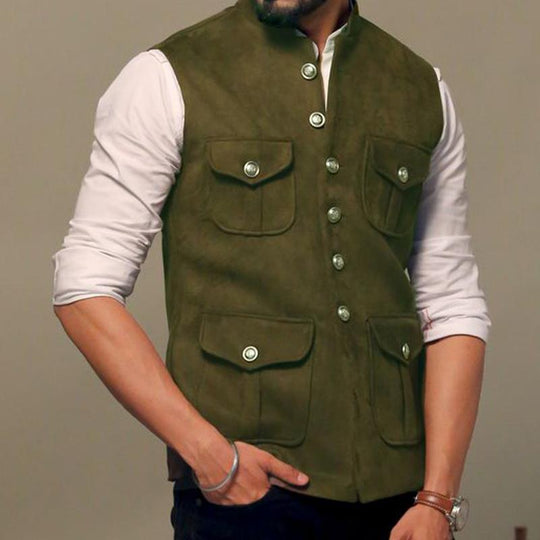 Men's Army Green Suede Stand Collar Vest 9877926019256