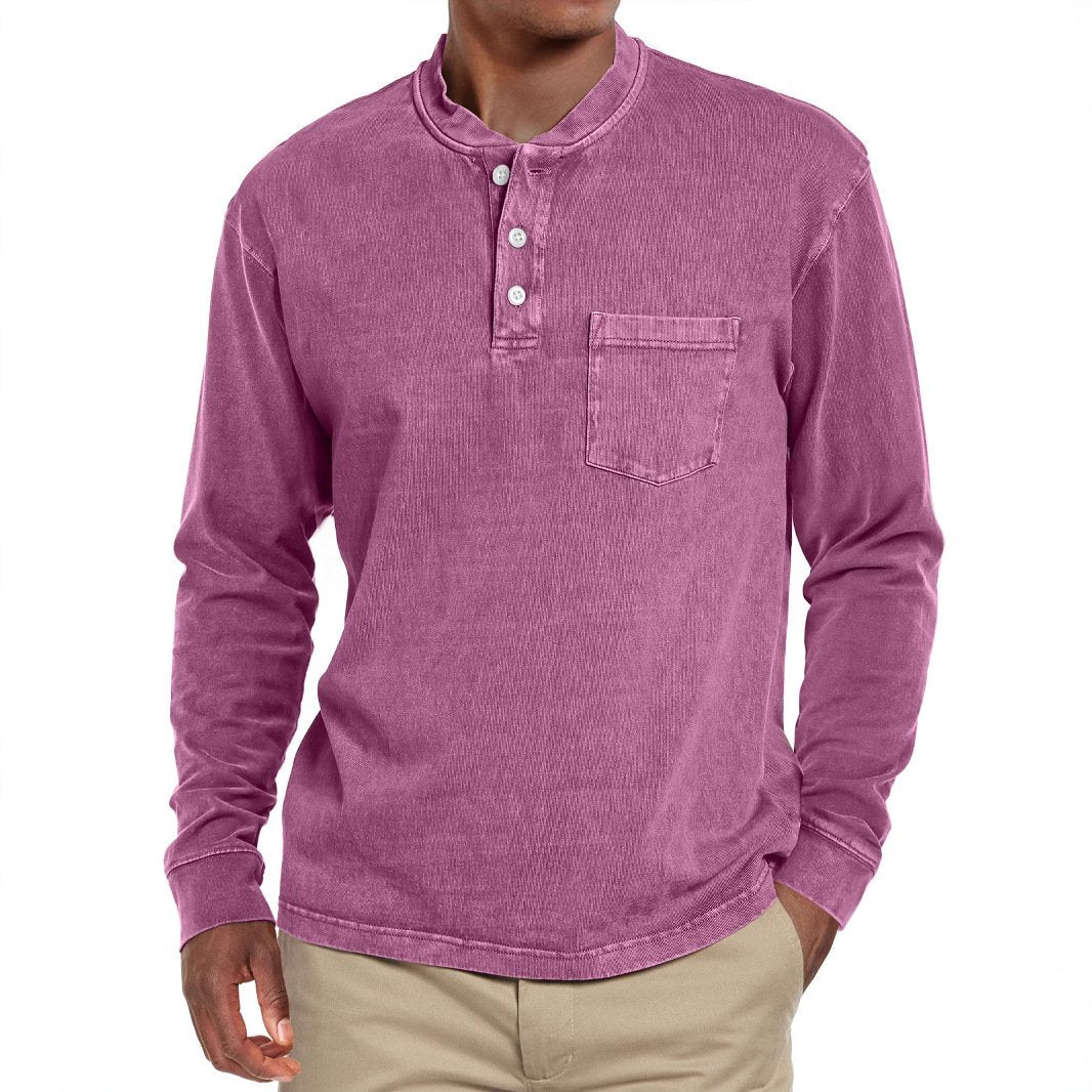 Men's Solid Henley Collar Chest Pocket Long Sleeve T-shirt 9261142278328