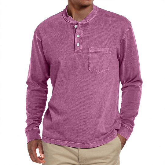 Men's Solid Henley Collar Chest Pocket Long Sleeve T-shirt 9261142278328