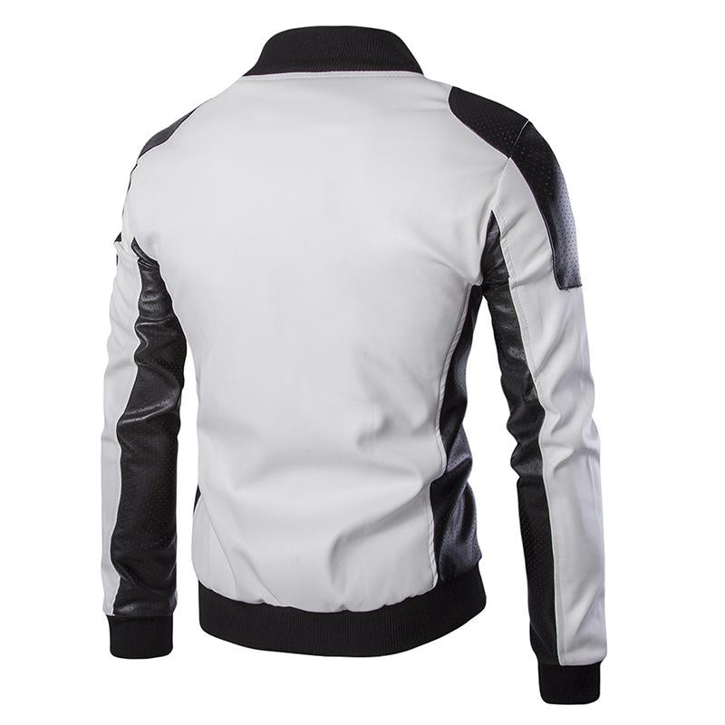 Men's Stand Collar Colorblock Vintage Leather Jacket 9261086900408
