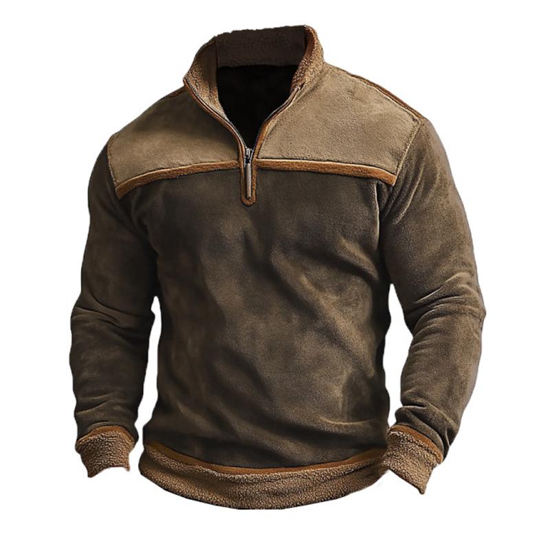 Men's Retro Stand Collar Splicing Fleece Sweatshirt 9886817910968