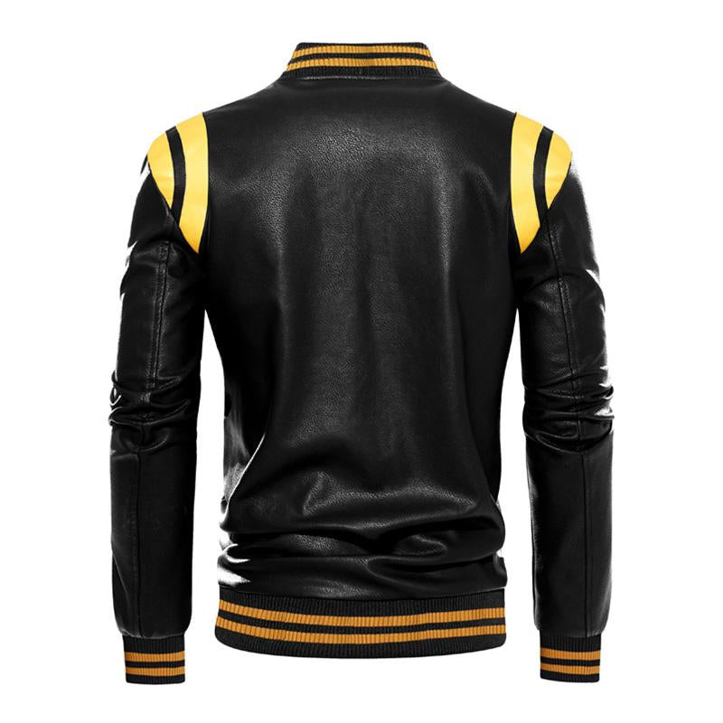 Men's Casual Color Contrasting Plush Leather Baseball Jacket 9261083295928