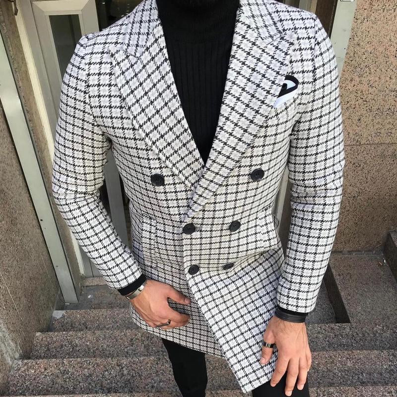 Men's Retro Casual Plaid Mid-Length Double-Breasted Coat 9261108658360