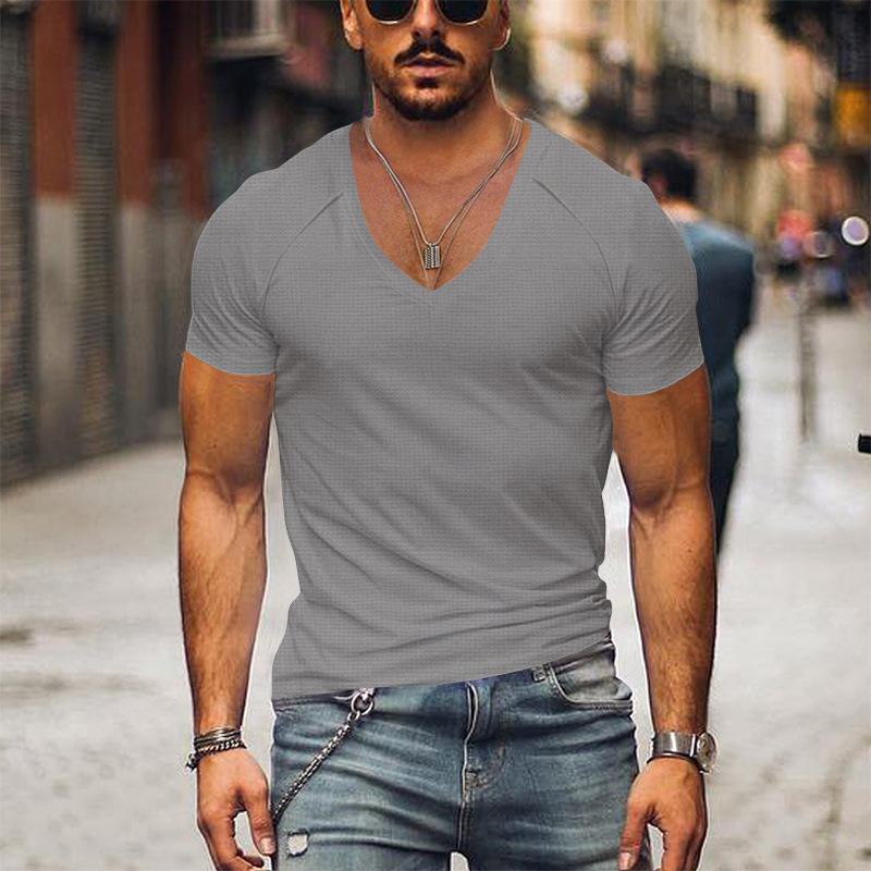 Men's Waffle Solid Color V Neck Solid Color T-Shirt Dtt25081916