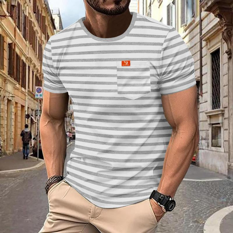 Men's Retro Striped Chest Pocket Short Sleeved T-Shirt 9261135462584