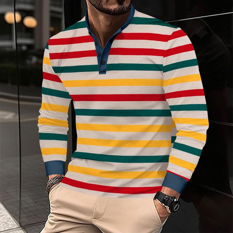 Men's Coloring Striped Henley Collar Long Sleeve T-shirt 9261142048952