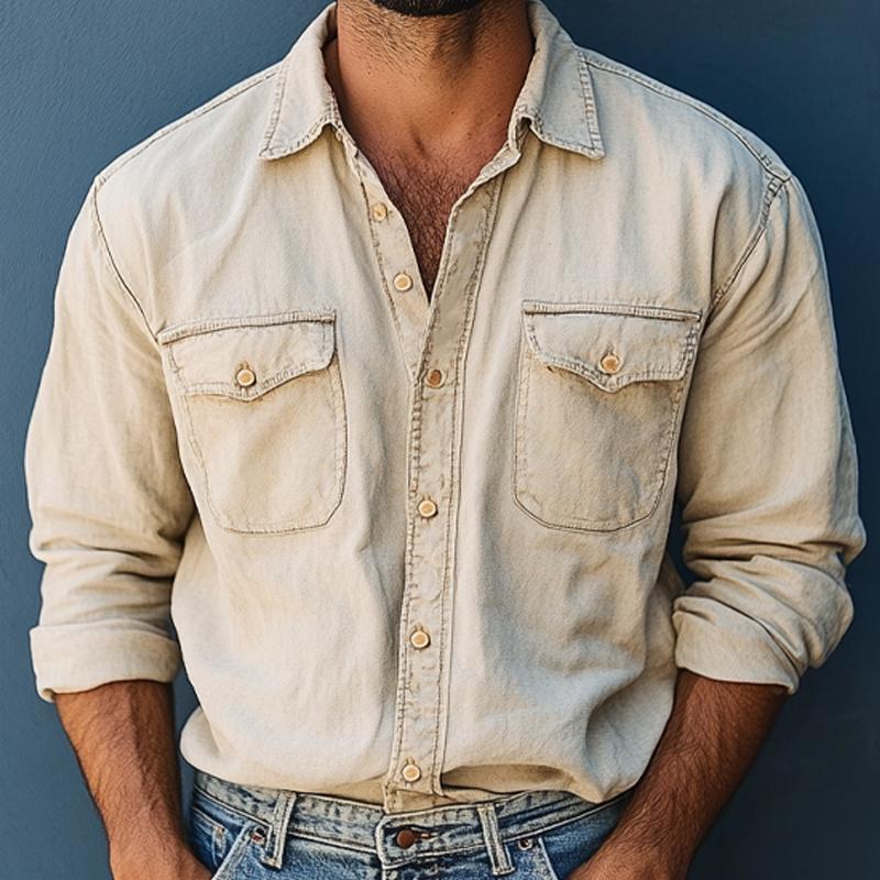 Men's Vintage Apricot Washed Denim Long Sleeve Shirt 9885839491256