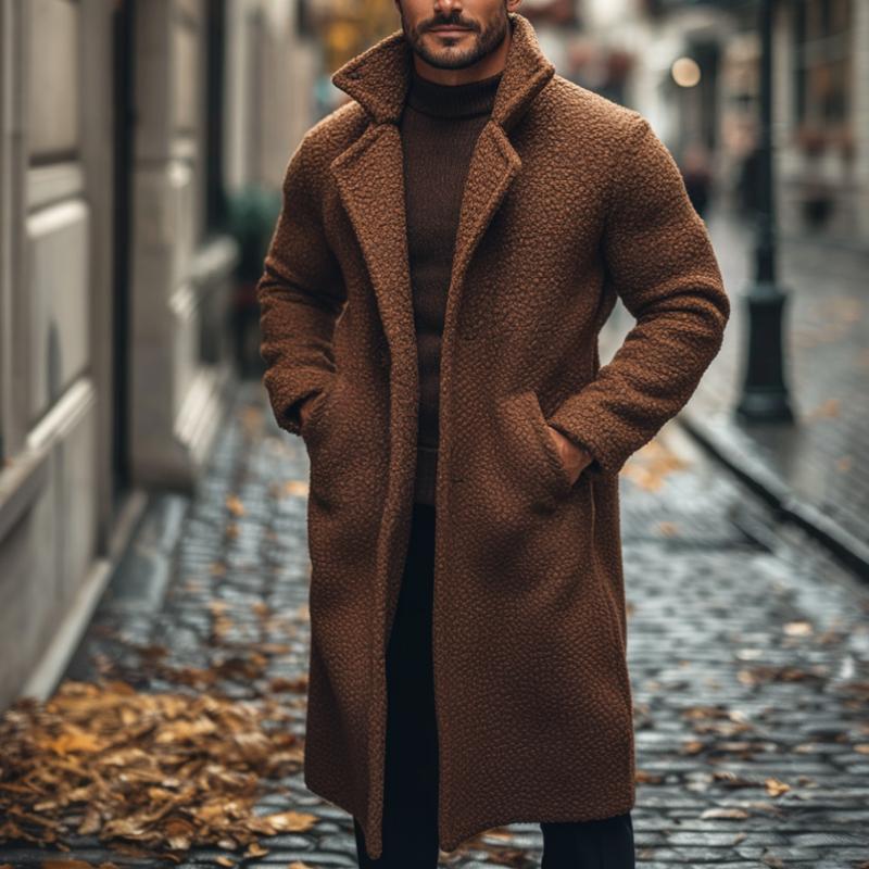 Men's Retro Casual Solid Color Polar Fleece Mid-Length Single-Breasted Coat 9261109772472