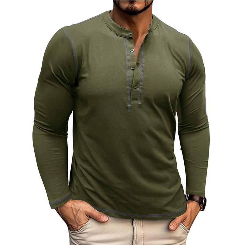 Men's Vintage Contrast Henley Collar Slim Fit Long Sleeve T-Shirt 9261136543928