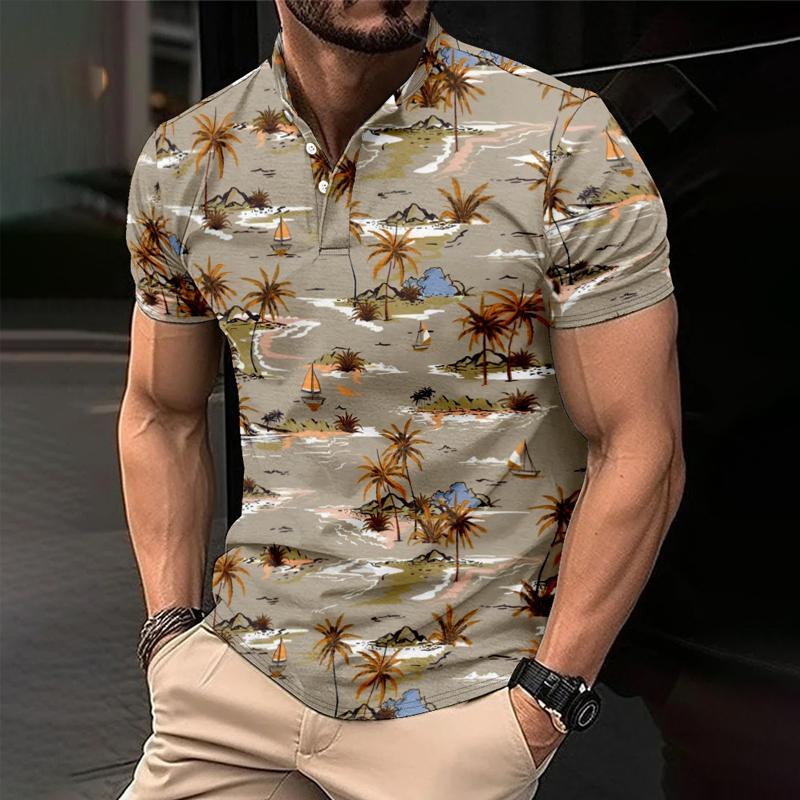 Men's Palm Hawaiian Print Button Down Short Sleeve T-Shirt 9261137068216