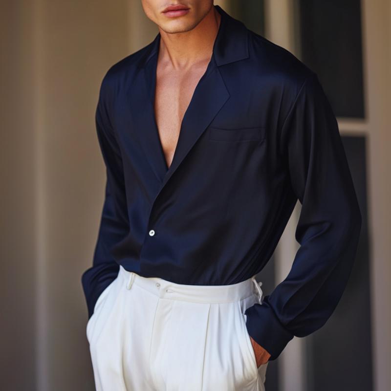 Men's Retro Casual Solid Color Lapel Long Sleeve Shirt 9888006668472