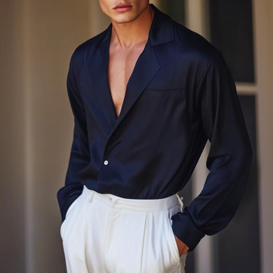 Men's Retro Casual Solid Color Lapel Long Sleeve Shirt 9888006668472
