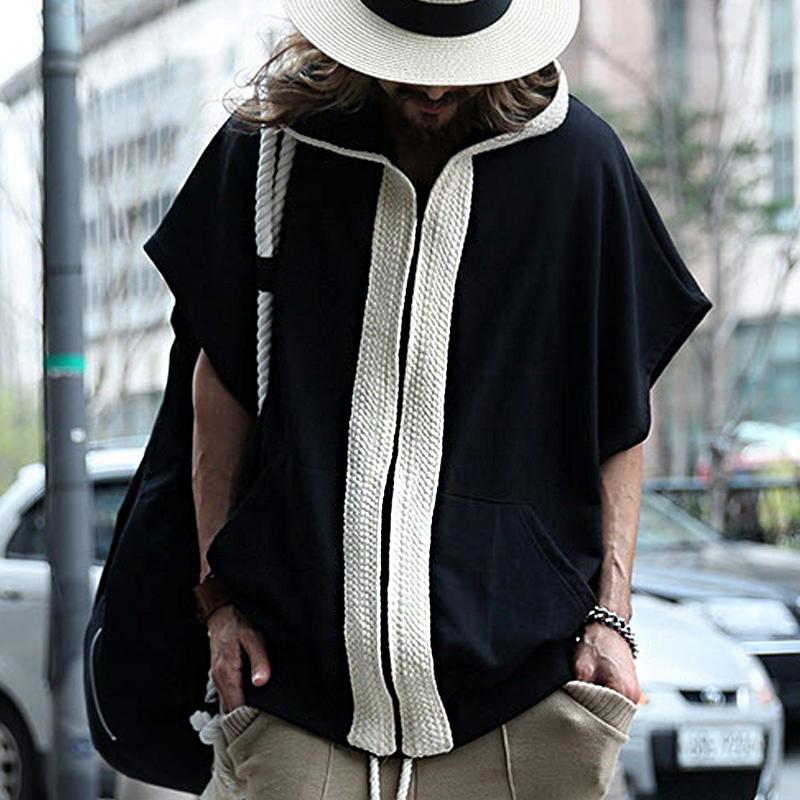 Men's Loose Color Block Hooded Short Sleeve Sweatshirt Jacket 9261079494840