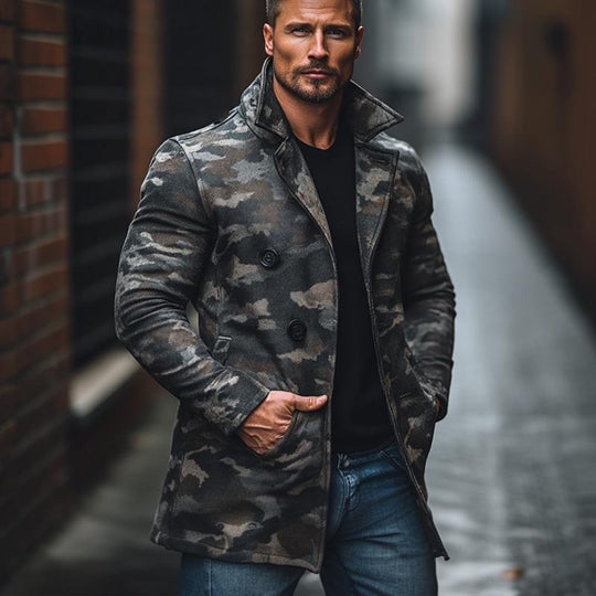 Men's Camouflage Print Brushed Mid-length Coat 9261105414328