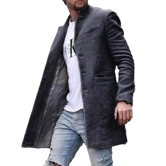 Men's Retro Solid Color Casual Stand Collar Mid-Length Coat 9261104332984