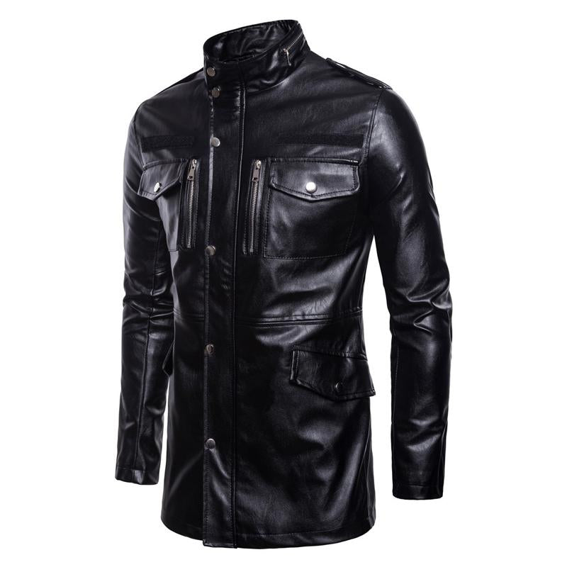 Men's Solid Color Stand Collar Leather Motor Jacket 9261083918520