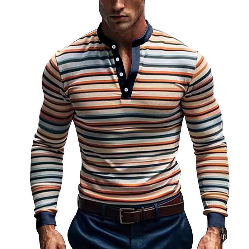 Men's Colorblock Striped Henley Collar Long Sleeve Casual T-shirt 9261135888568