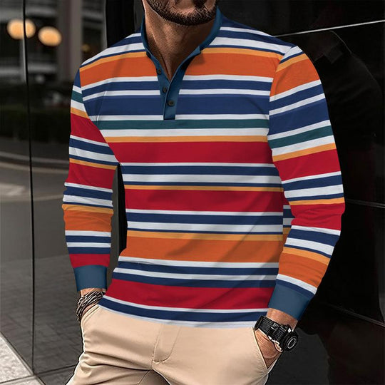 Men's Coloring Striped Henley Collar Long Sleeve T-shirt 9261142048952