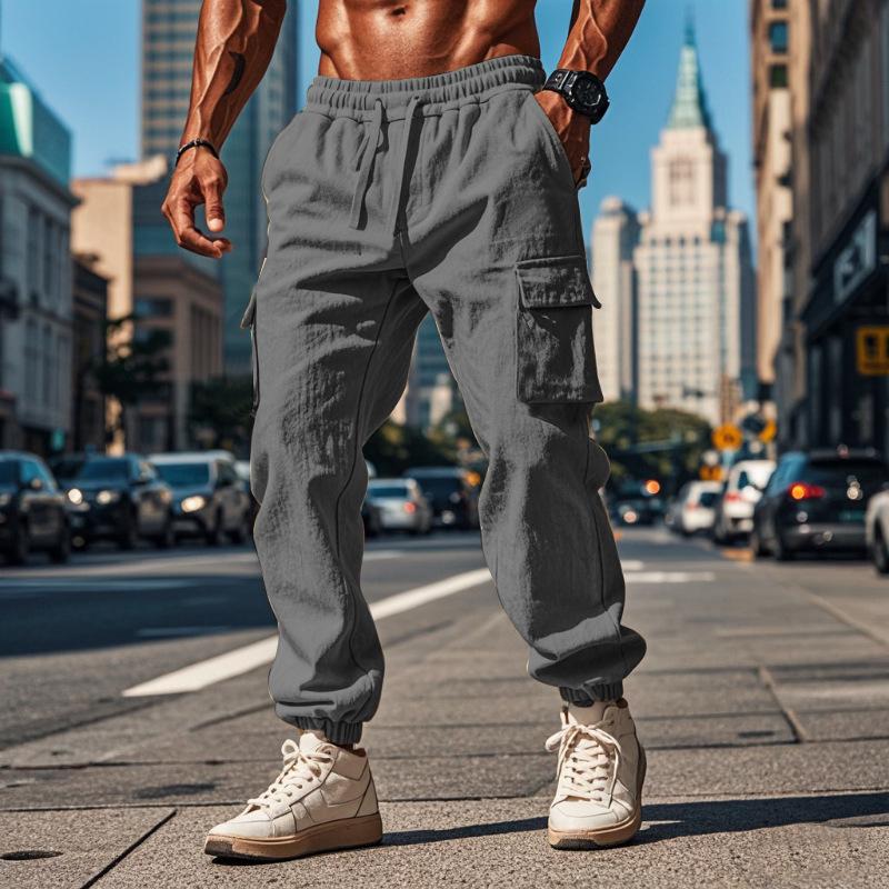Men's Casual Solid Color Drawstring Multi-Pocket Trousers 9261764509880