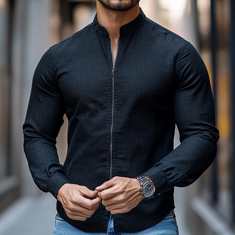 Men's Retro Casual Stand Collar Zipper Long Sleeve Shirt 9880235933880