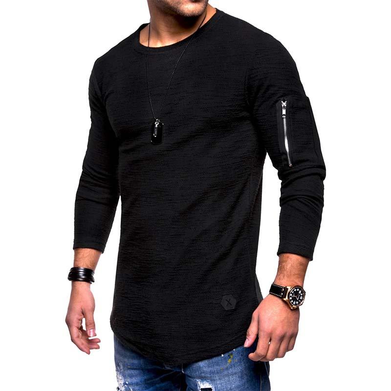 Men's Classic Casual Arm Zipper Solid Color Round Neck Long Sleeve T-Shirt 9261141885112