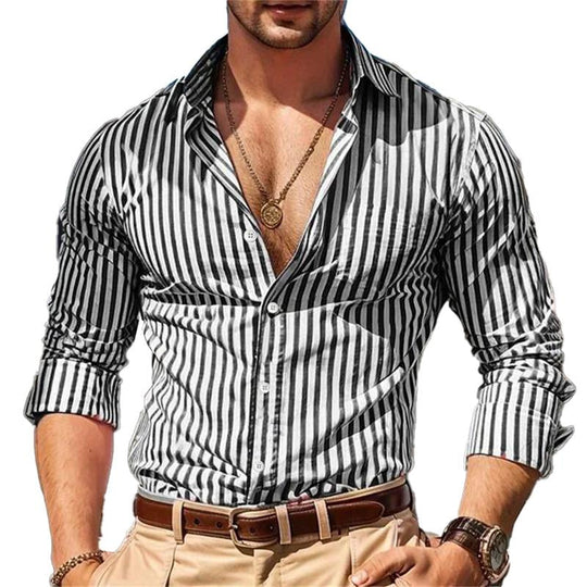 Men's Casual Striped Long Sleeve Lapel Shirt 9885320642744